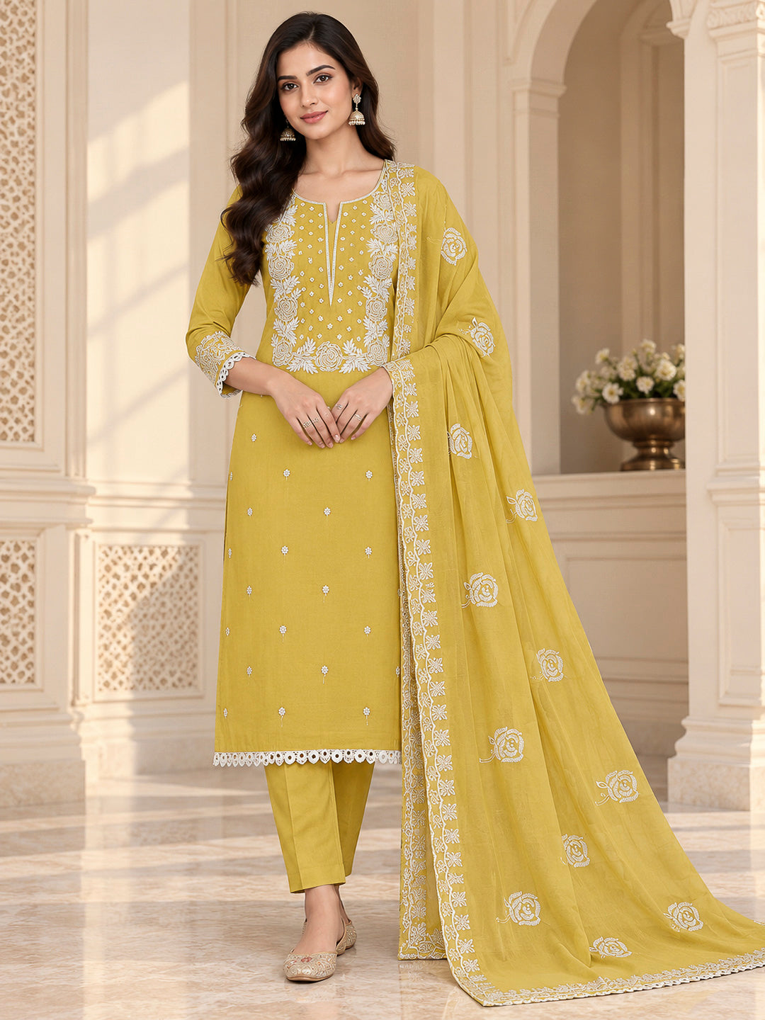 Yellow Chanderi Embroidered Unstitched Dress Material