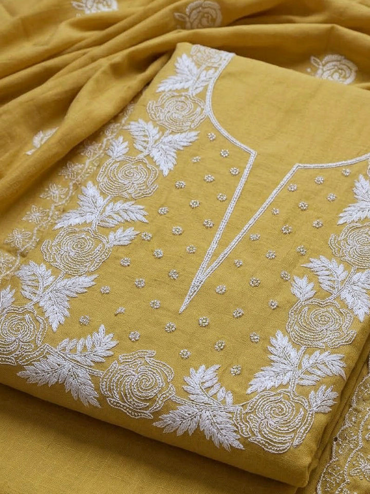 Yellow Chanderi Embroidered Unstitched Dress Material