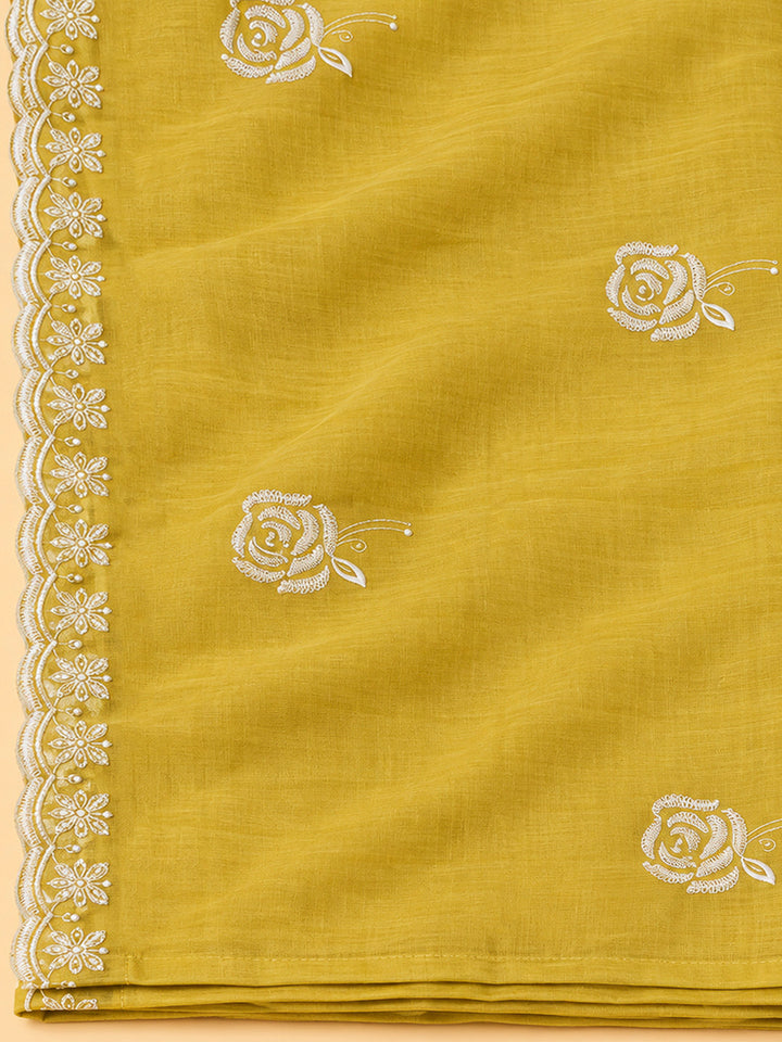 Yellow Chanderi Embroidered Unstitched Dress Material