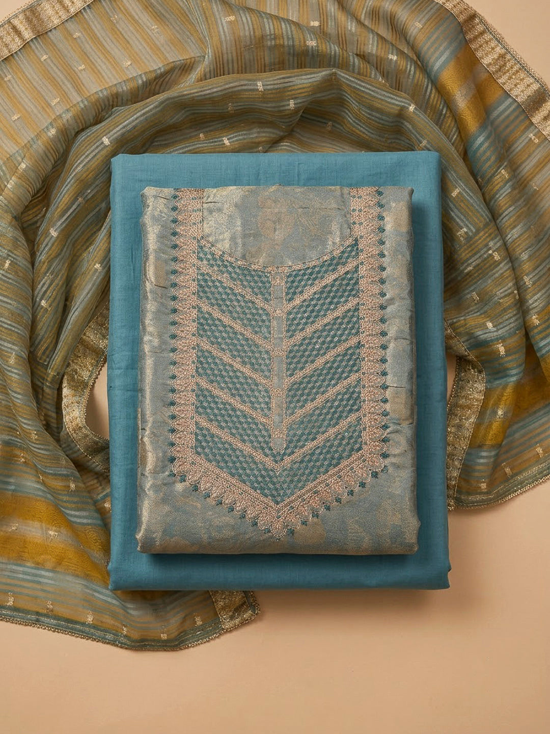 Blue Tissue Embroidered Unstitched Dress Material