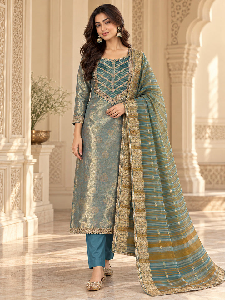 Blue Tissue Embroidered Unstitched Dress Material