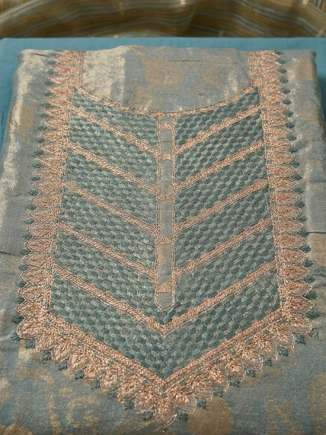 Blue Tissue Embroidered Unstitched Dress Material