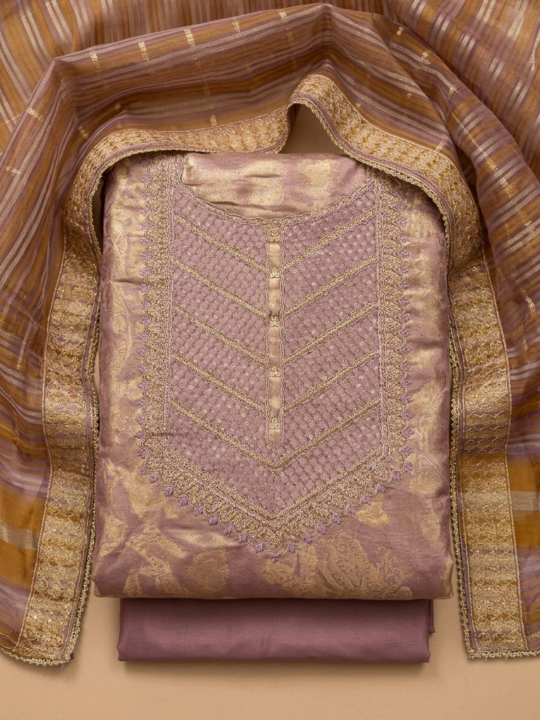 Lavender Tissue Embroidered Unstitched Dress Material