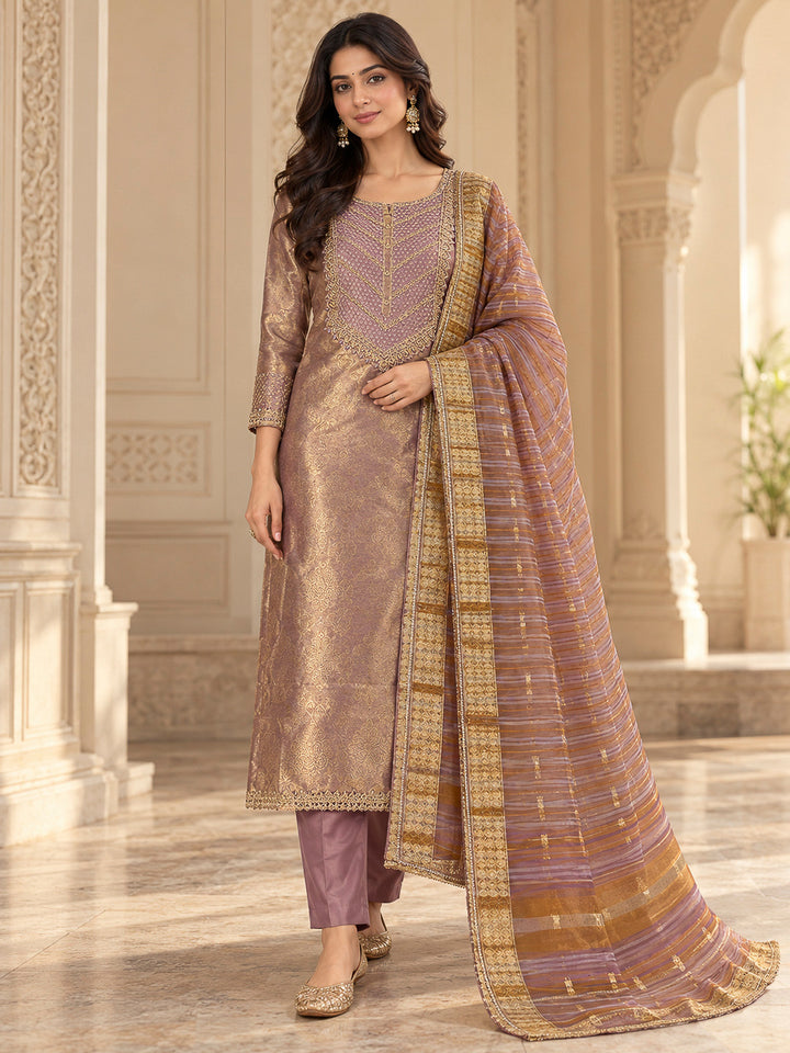 Lavender Tissue Embroidered Unstitched Dress Material