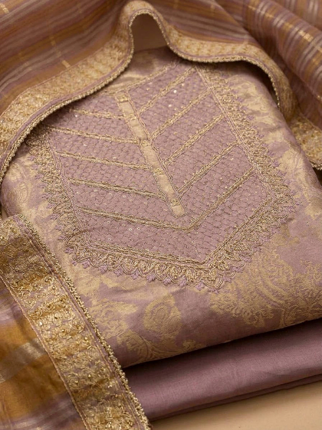 Lavender Tissue Embroidered Unstitched Dress Material