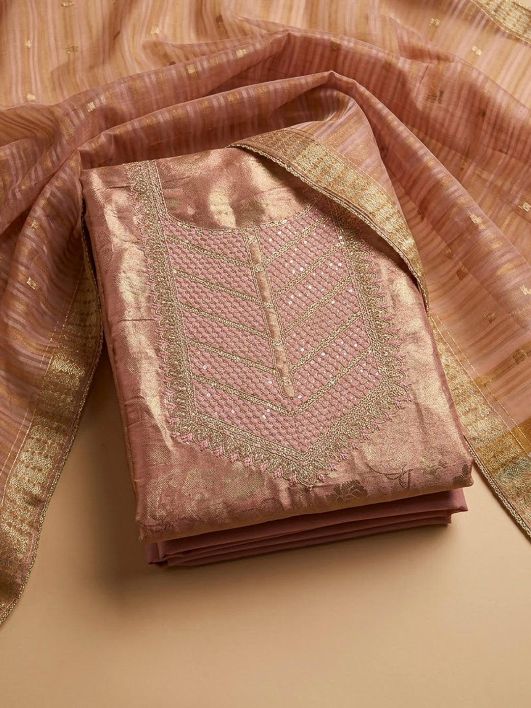 Peach Tissue Embroidered Unstitched Dress Material