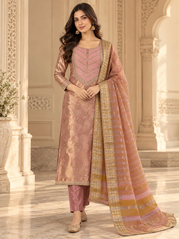 Peach Tissue Embroidered Unstitched Dress Material