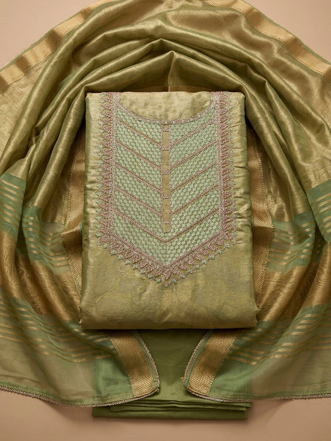 Pista Green Tissue Embroidered Unstitched Dress Material
