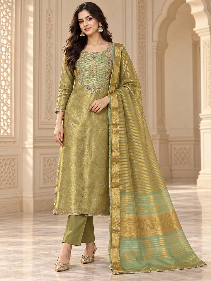 Pista Green Tissue Embroidered Unstitched Dress Material