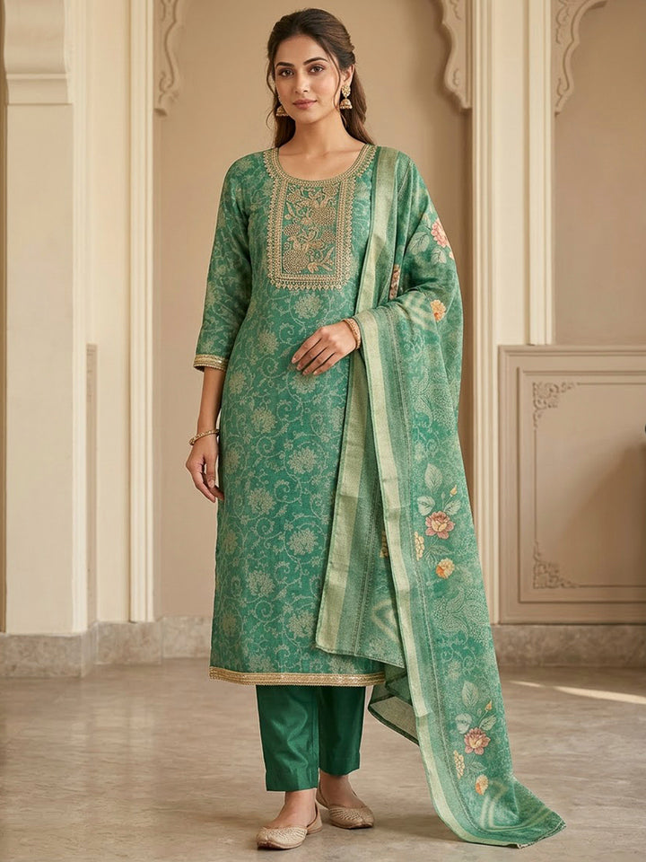 Green Tissue Embroidered Unstitched Dress Material