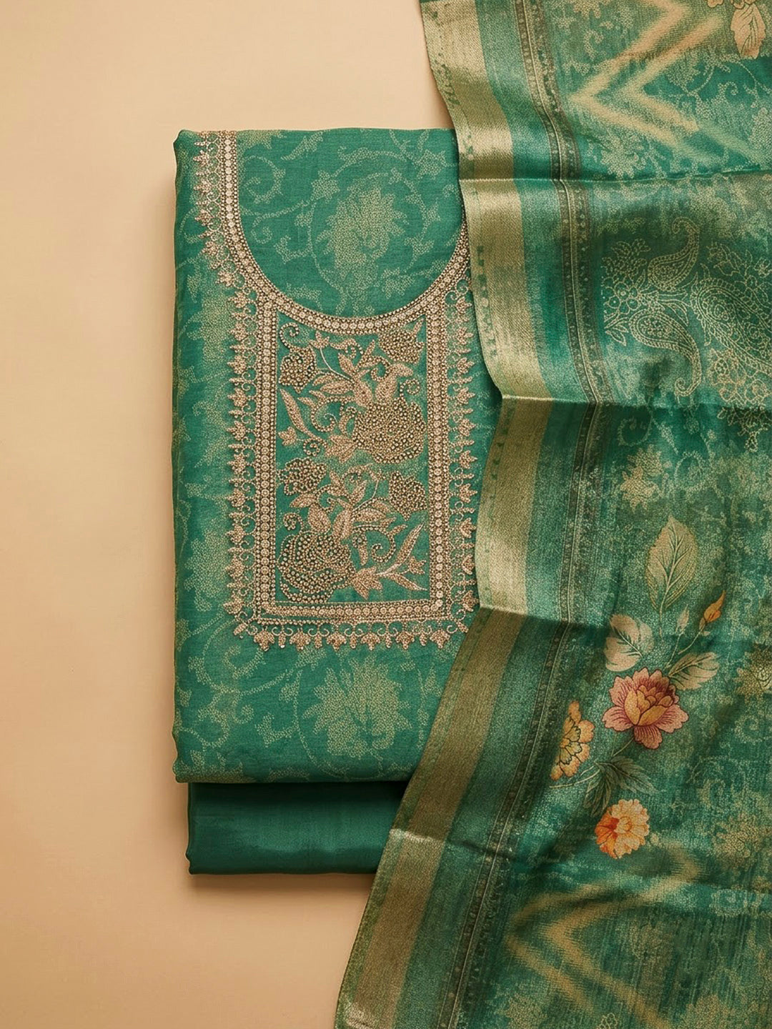 Green Tissue Embroidered Unstitched Dress Material