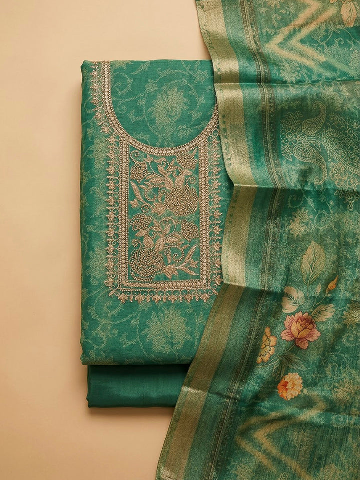 Green Tissue Embroidered Unstitched Dress Material