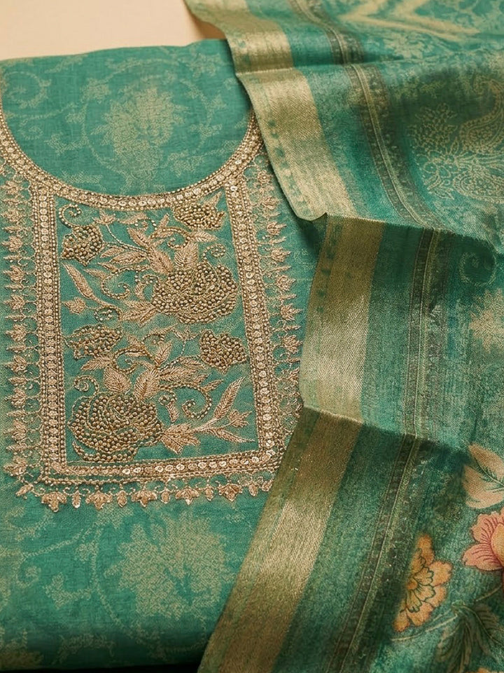 Green Tissue Embroidered Unstitched Dress Material