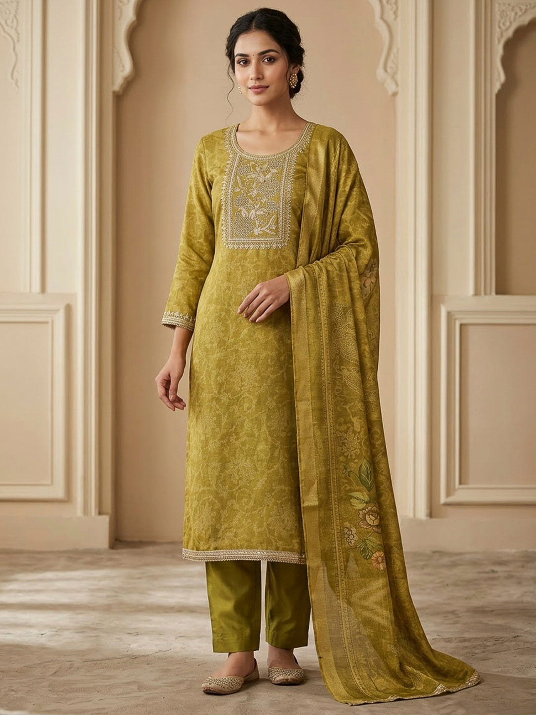 Mehndi Tissue Embroidered Unstitched Dress Material