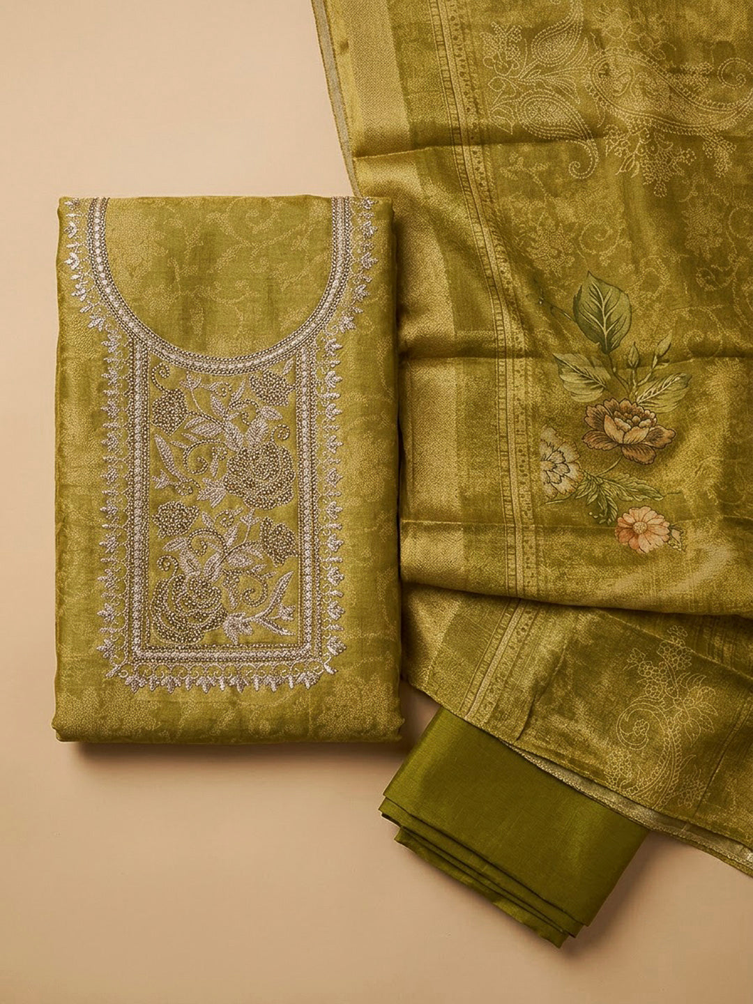 Mehndi Tissue Embroidered Unstitched Dress Material