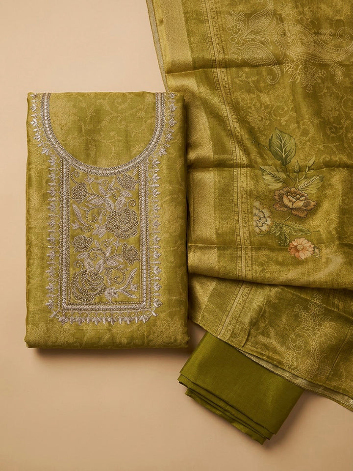 Mehndi Tissue Embroidered Unstitched Dress Material