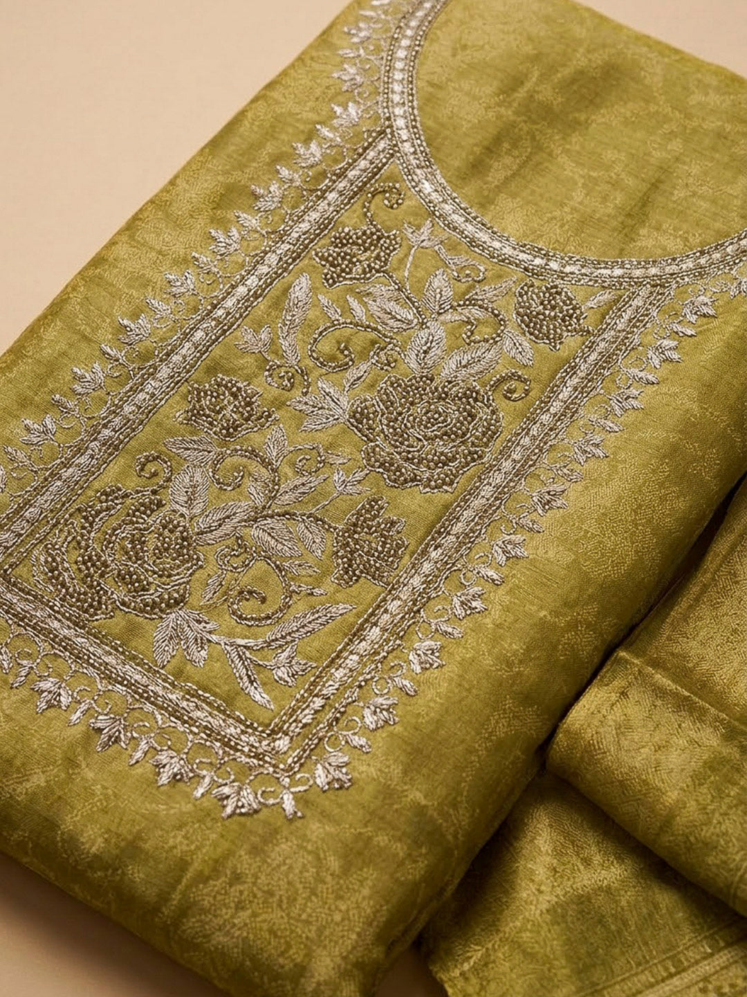 Mehndi Tissue Embroidered Unstitched Dress Material