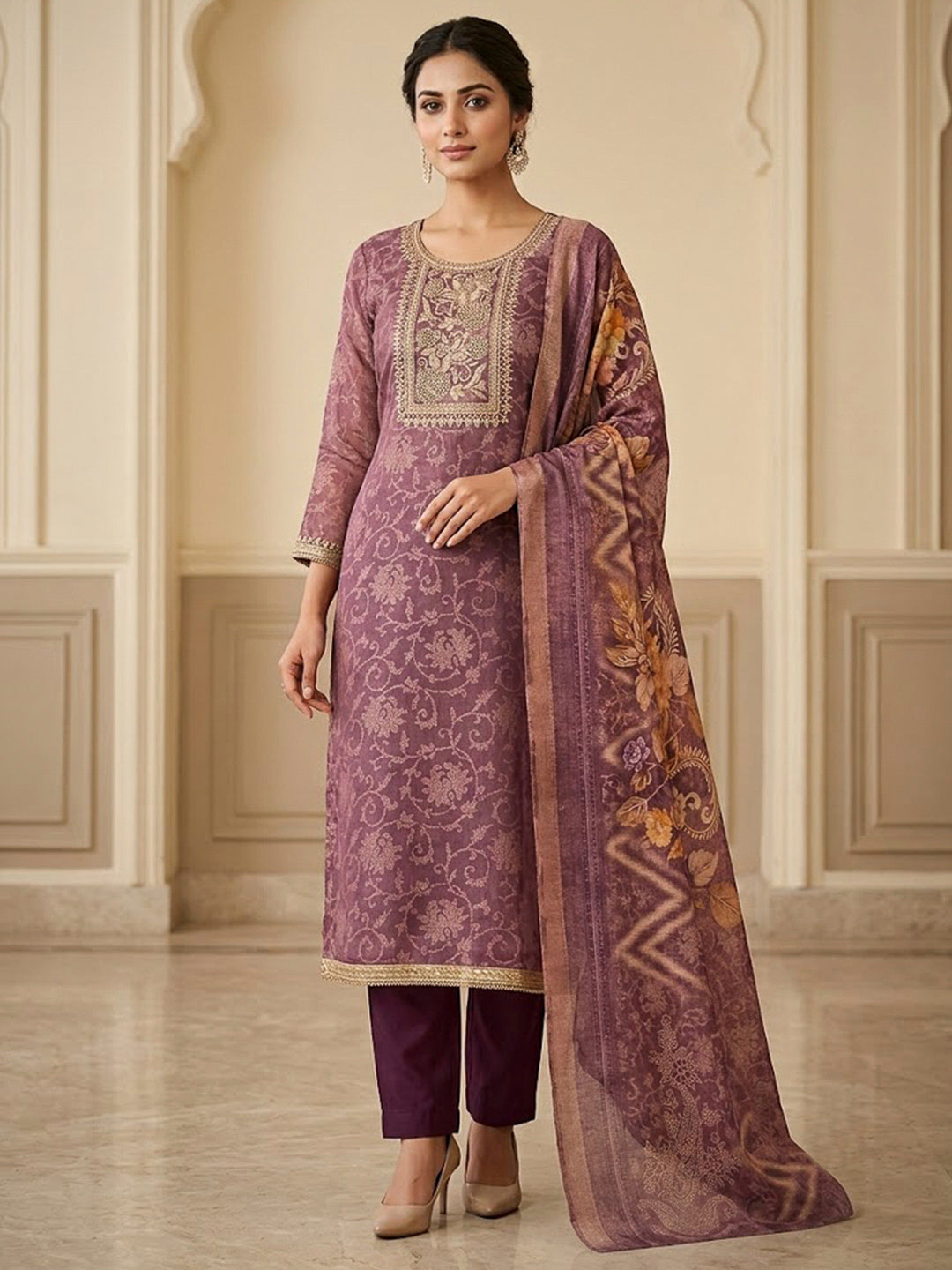 Purple Tissue Embroidered Unstitched Dress Material