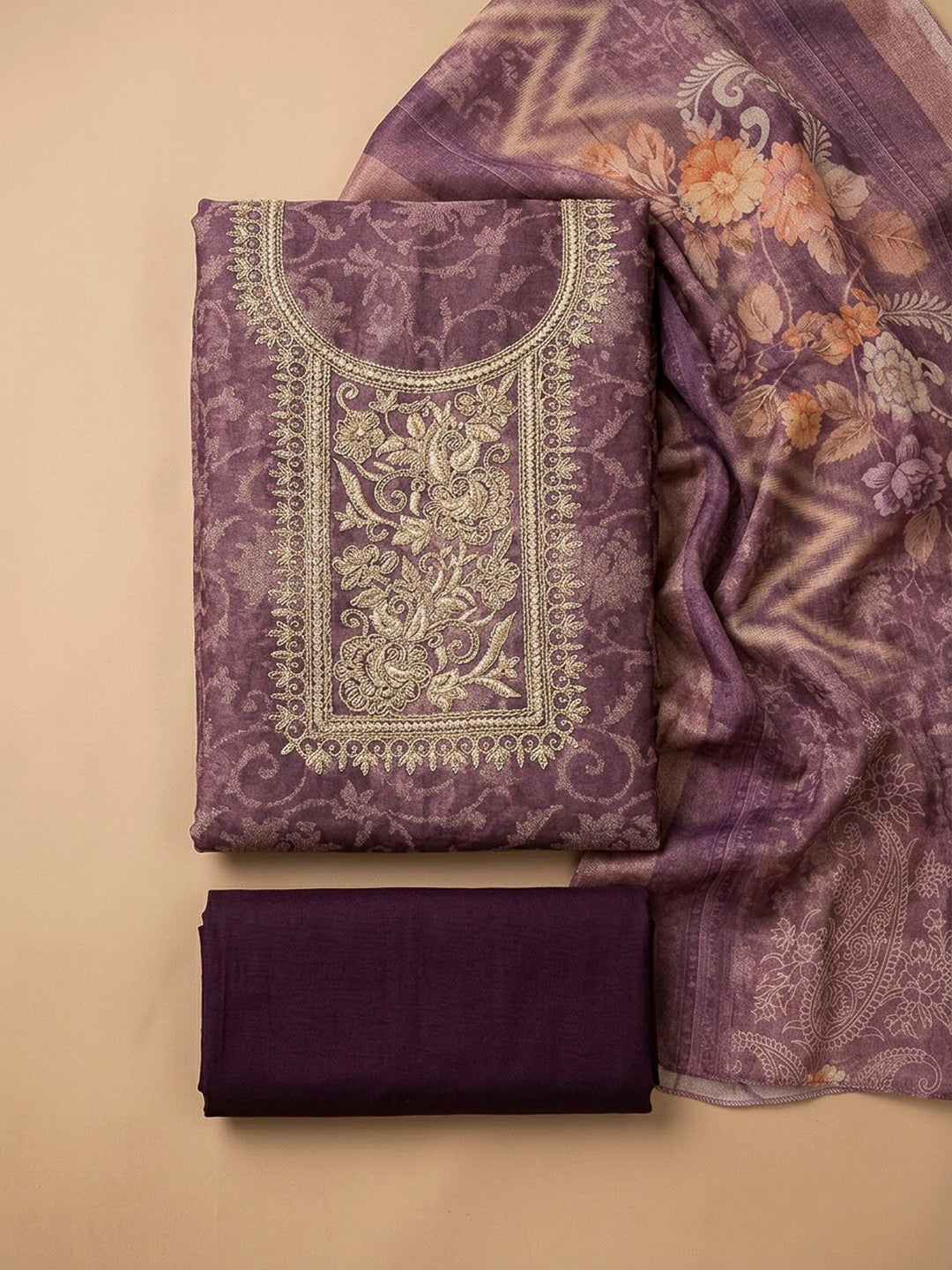 Purple Tissue Embroidered Unstitched Dress Material