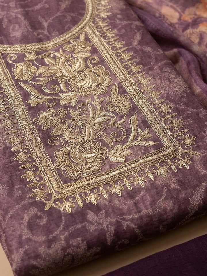 Purple Tissue Embroidered Unstitched Dress Material