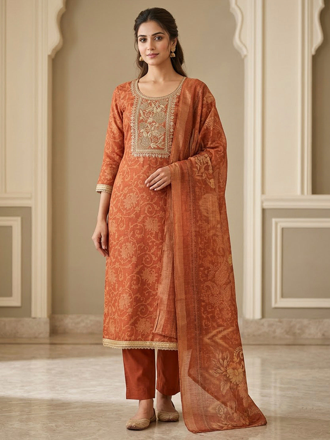 Rust Tissue Embroidered Unstitched Dress Material