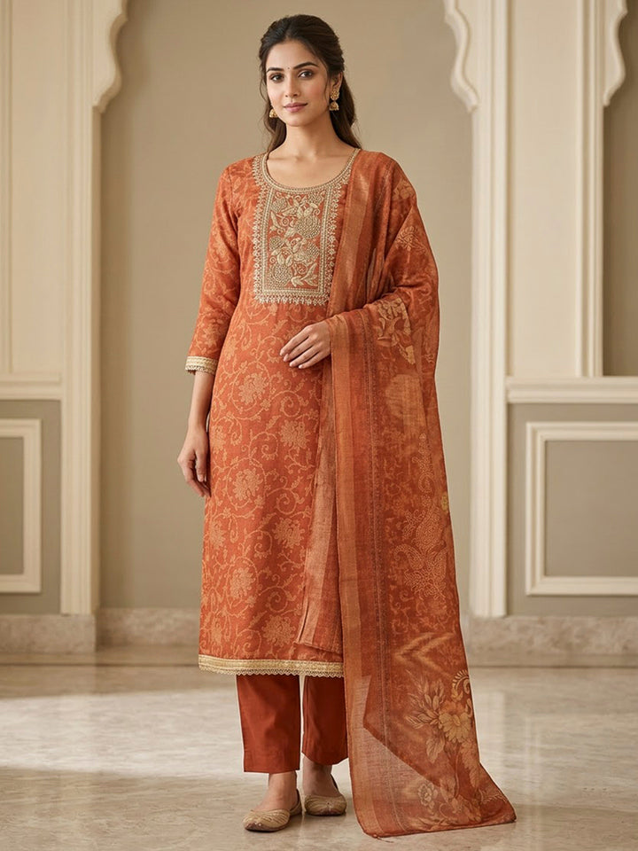 Rust Tissue Embroidered Unstitched Dress Material