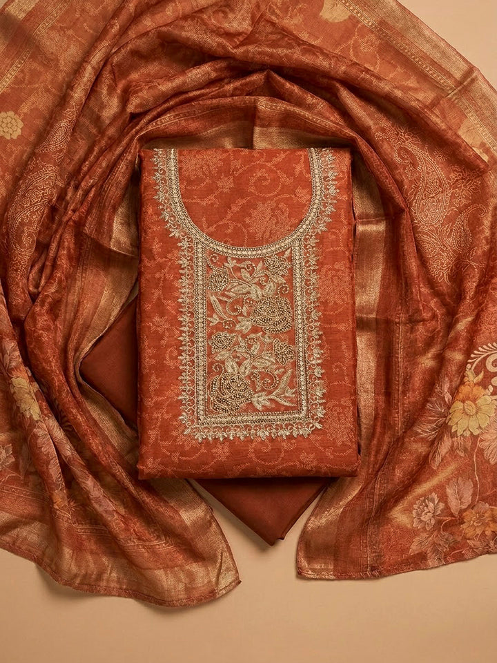 Rust Tissue Embroidered Unstitched Dress Material