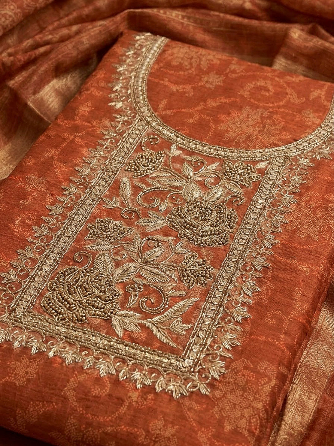 Rust Tissue Embroidered Unstitched Dress Material