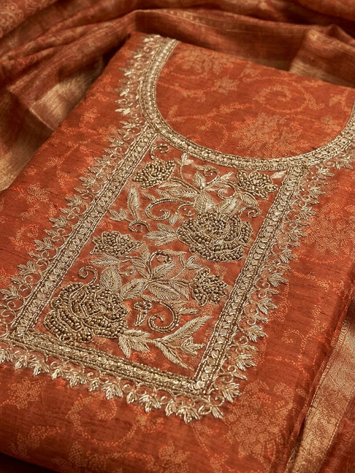 Rust Tissue Embroidered Unstitched Dress Material