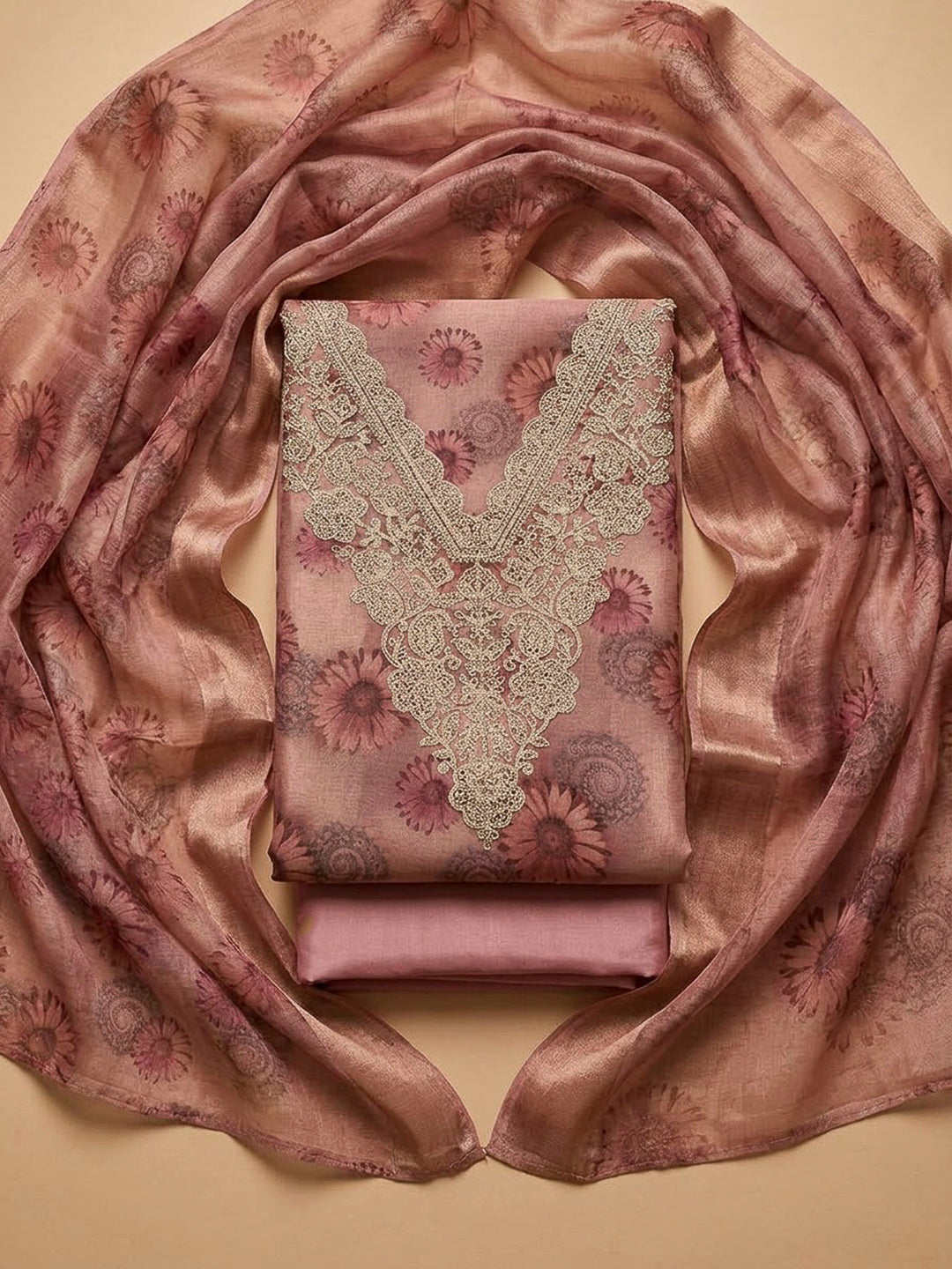 Onion Pink Tissue Embroidered Unstitched Dress Material