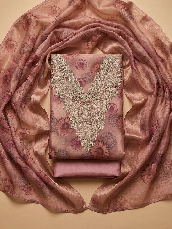 Onion Pink Tissue Embroidered Unstitched Dress Material
