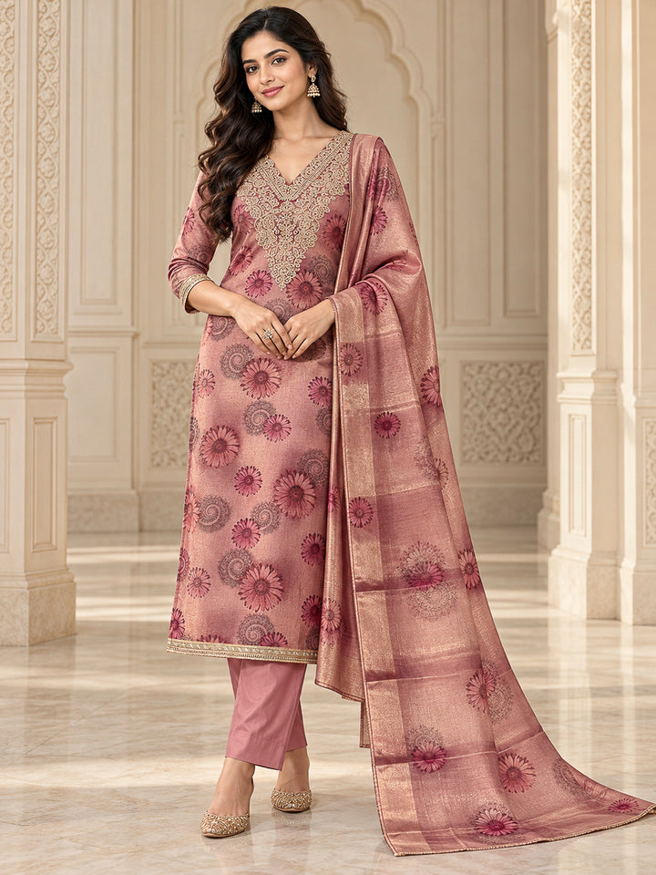 Onion Pink Tissue Embroidered Unstitched Dress Material