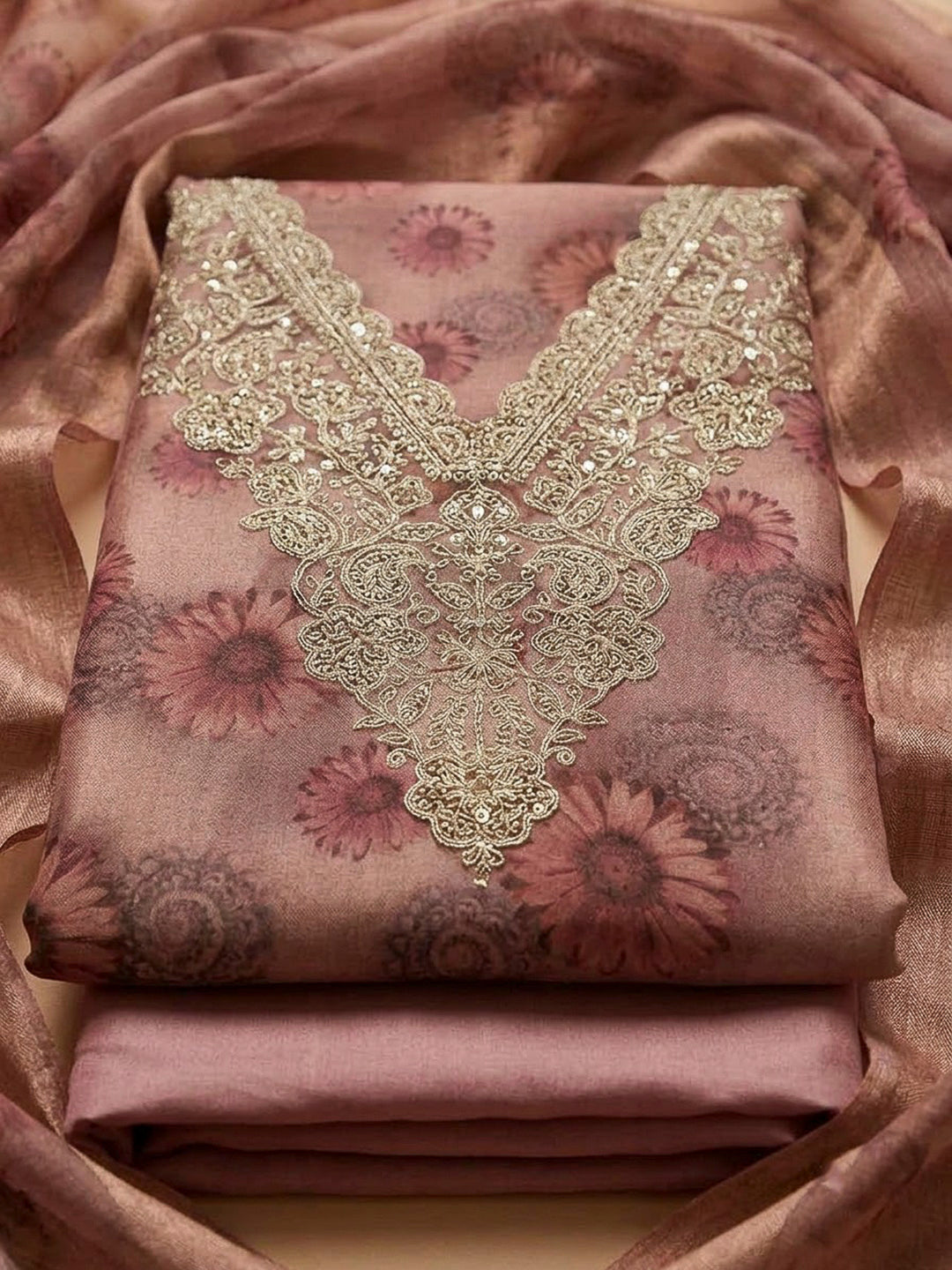 Onion Pink Tissue Embroidered Unstitched Dress Material