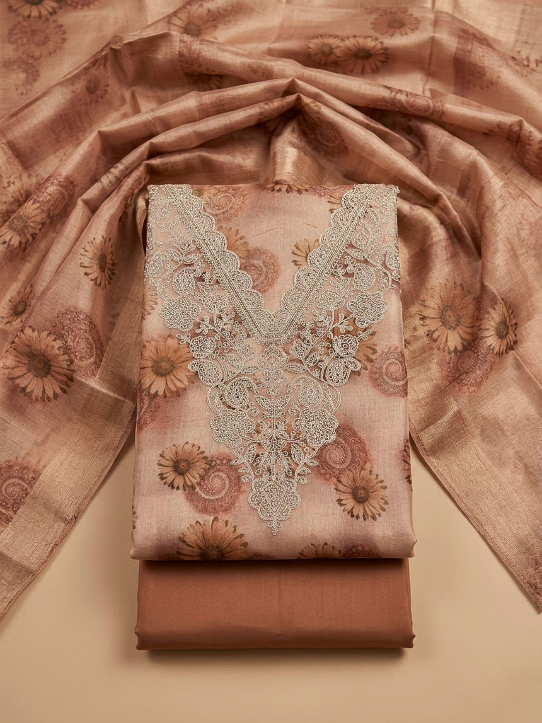 Peach Tissue Embroidered Unstitched Dress Material