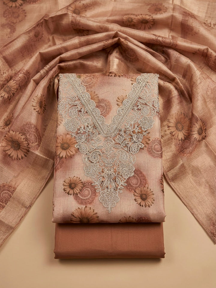 Peach Tissue Embroidered Unstitched Dress Material
