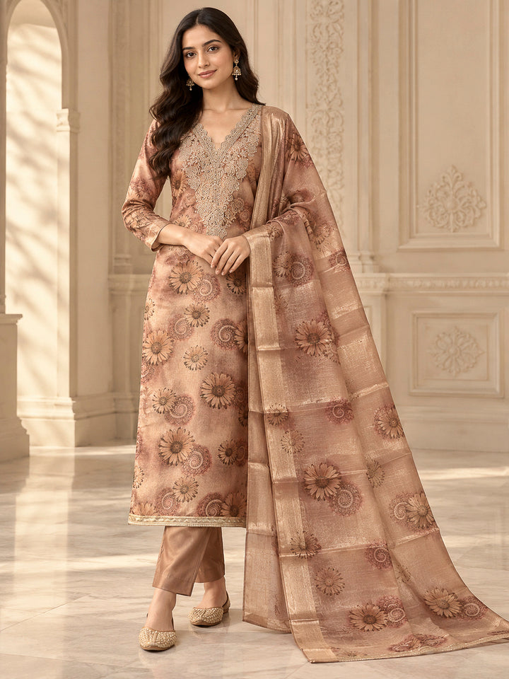 Peach Tissue Embroidered Unstitched Dress Material