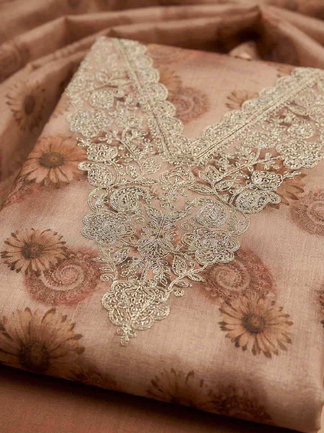 Peach Tissue Embroidered Unstitched Dress Material