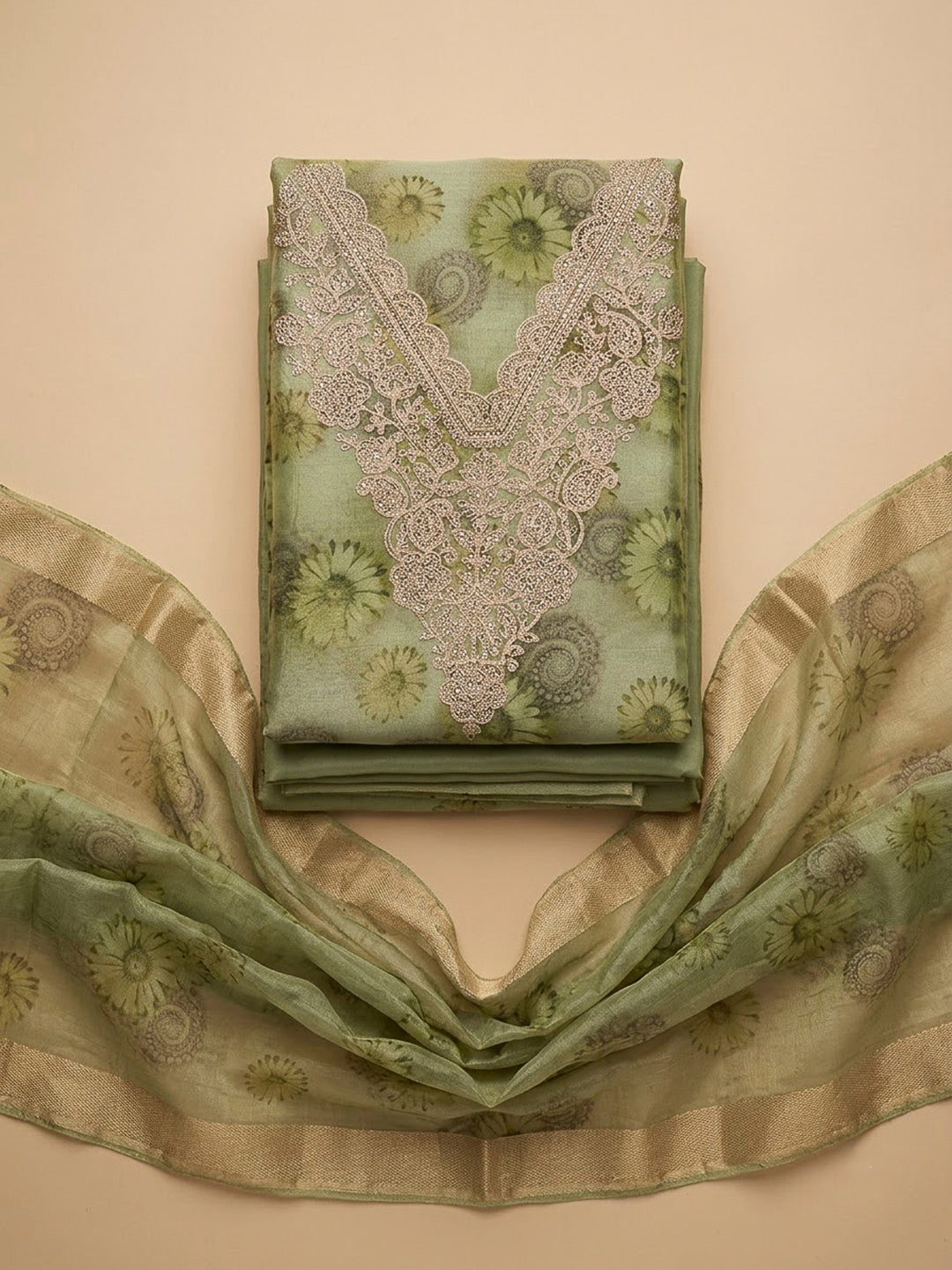 Pista Green Tissue Embroidered Unstitched Dress Material