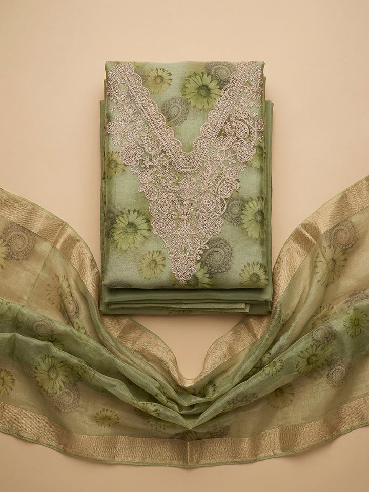 Pista Green Tissue Embroidered Unstitched Dress Material