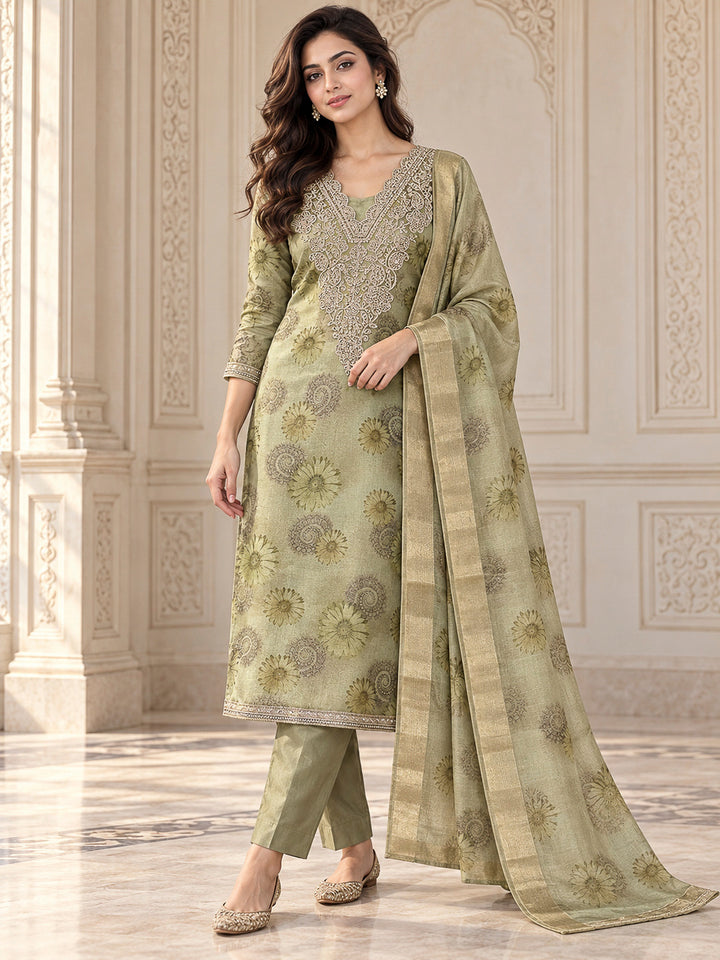 Pista Green Tissue Embroidered Unstitched Dress Material