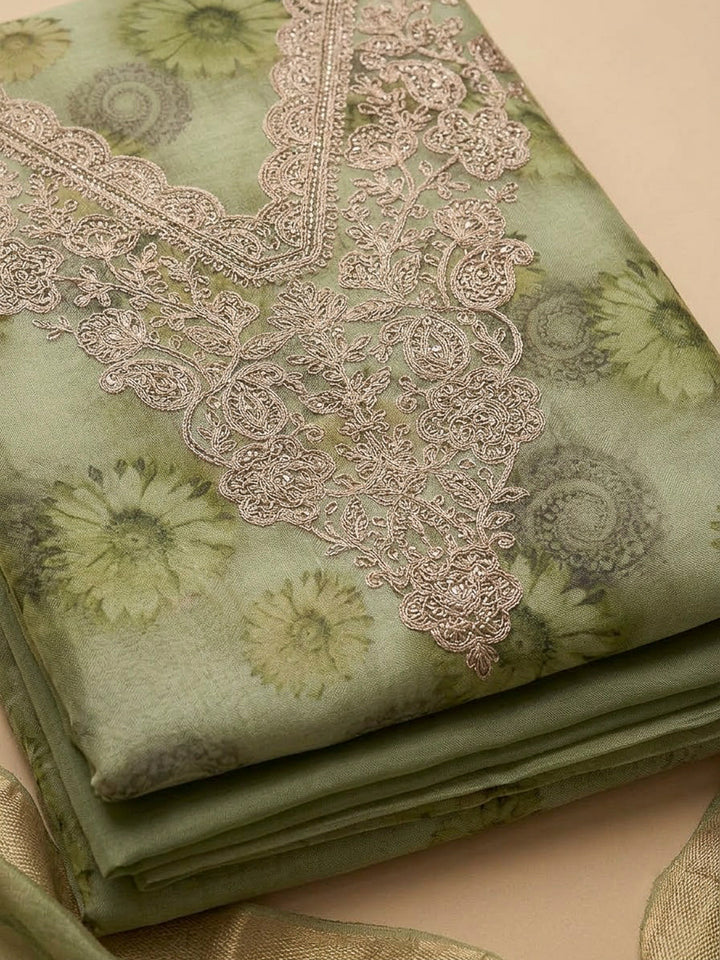 Pista Green Tissue Embroidered Unstitched Dress Material