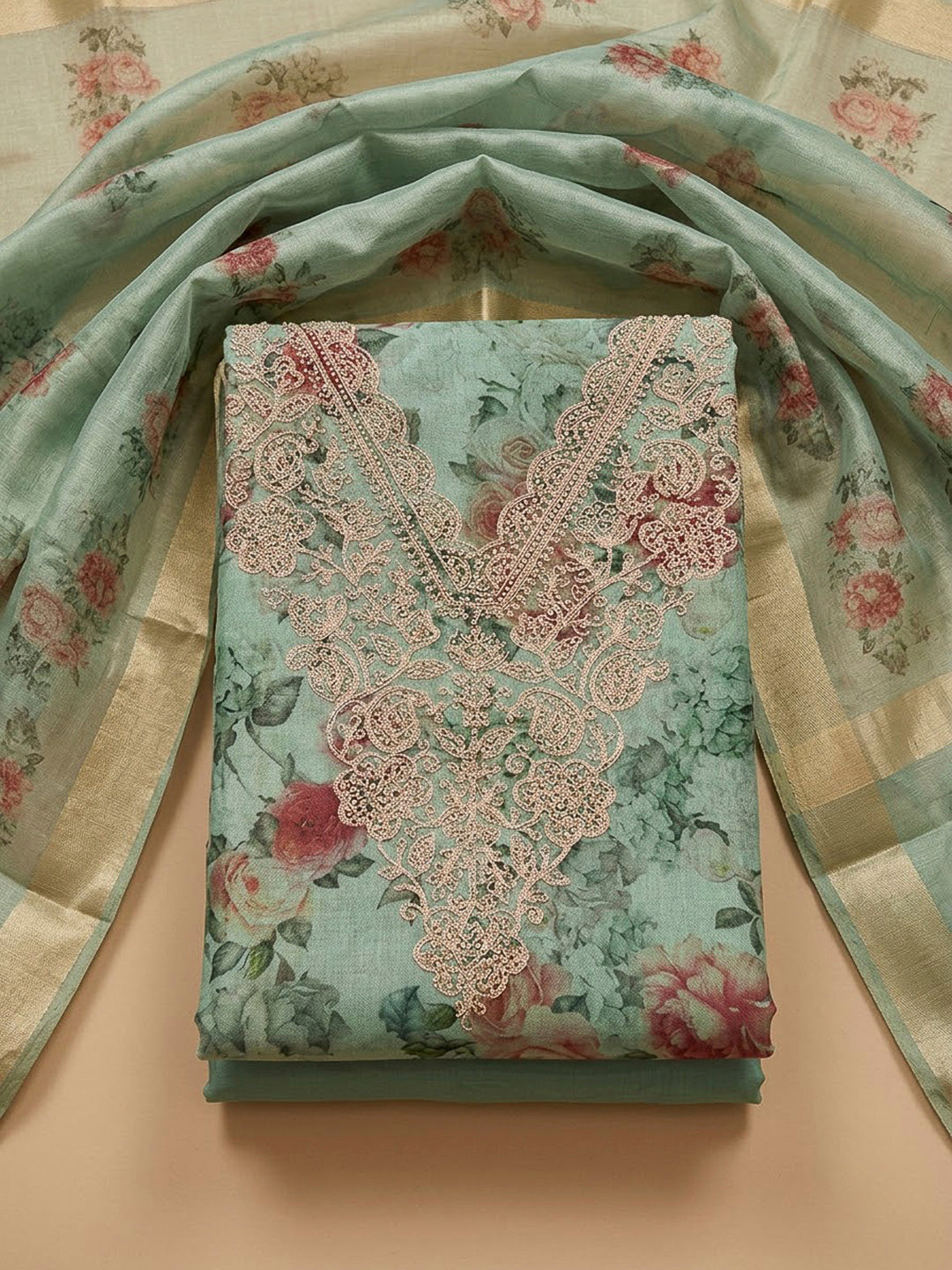 Sea Green Tissue Embroidered Unstitched Dress Material