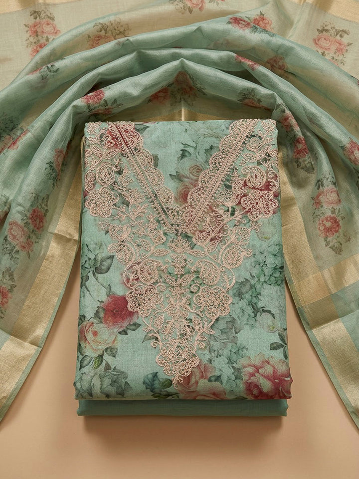 Sea Green Tissue Embroidered Unstitched Dress Material