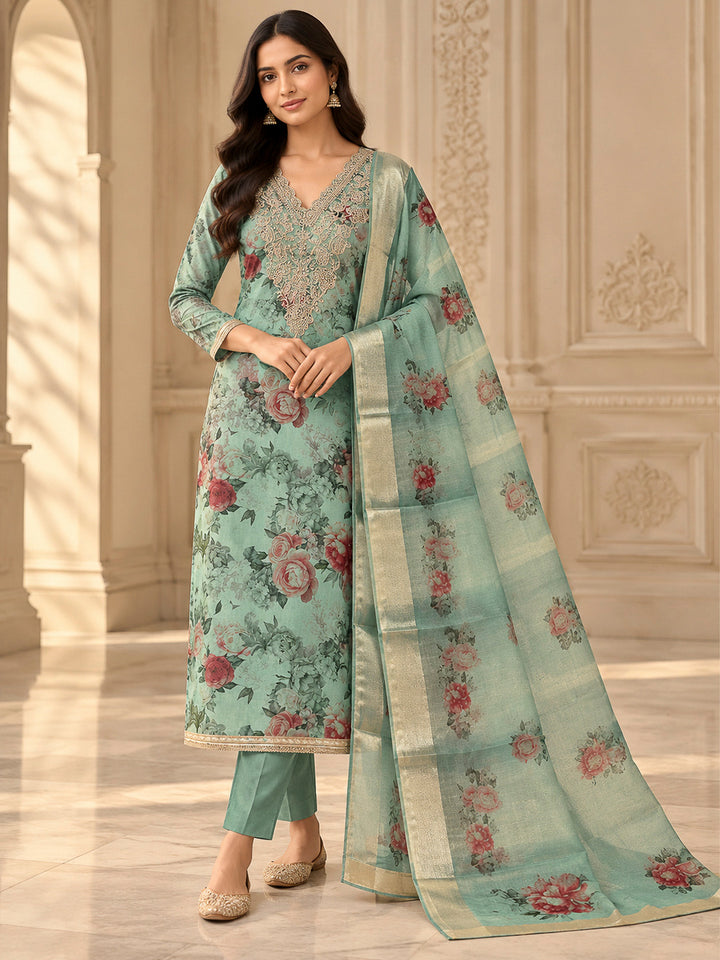 Sea Green Tissue Embroidered Unstitched Dress Material