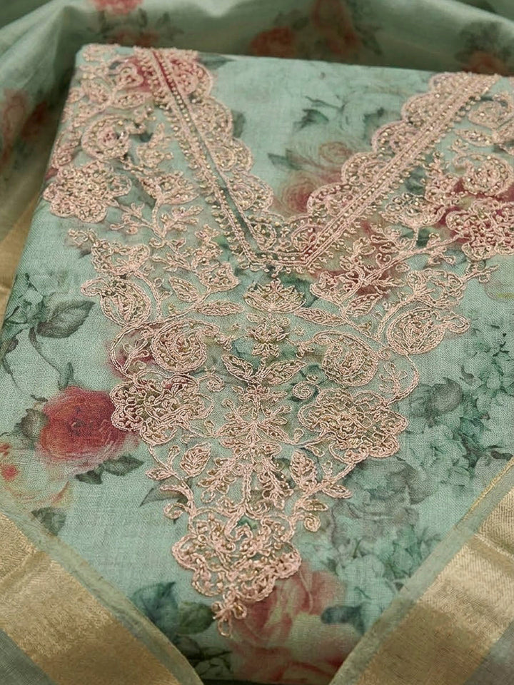 Sea Green Tissue Embroidered Unstitched Dress Material