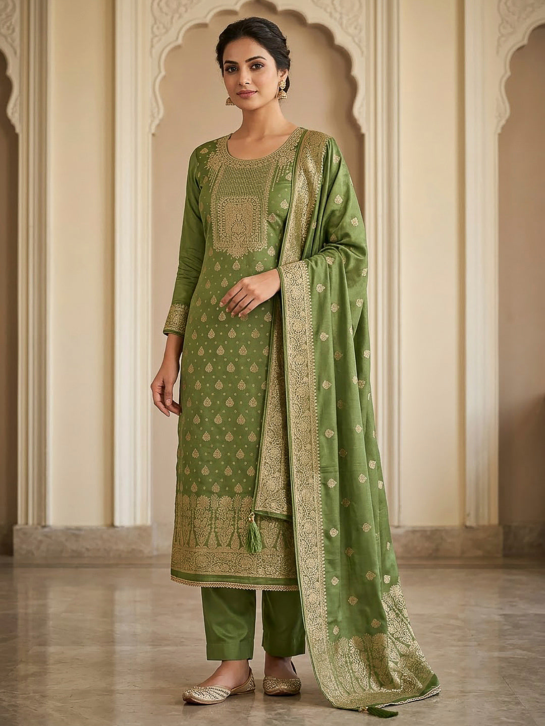 Mehndi Chanderi Woven Design Unstitched Dress Material