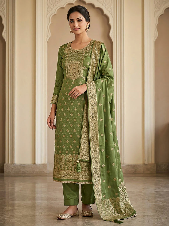 Mehndi Chanderi Woven Design Unstitched Dress Material