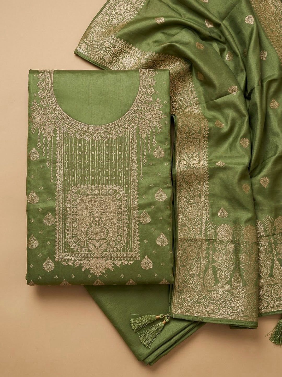 Mehndi Chanderi Woven Design Unstitched Dress Material