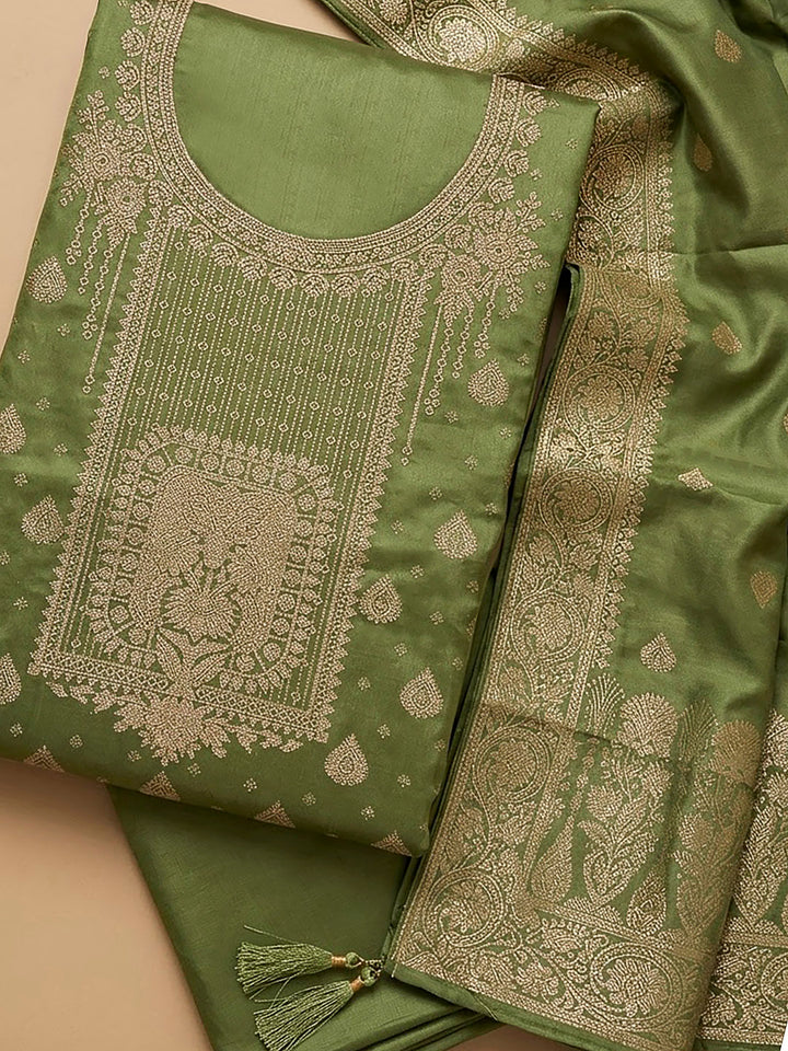 Mehndi Chanderi Woven Design Unstitched Dress Material