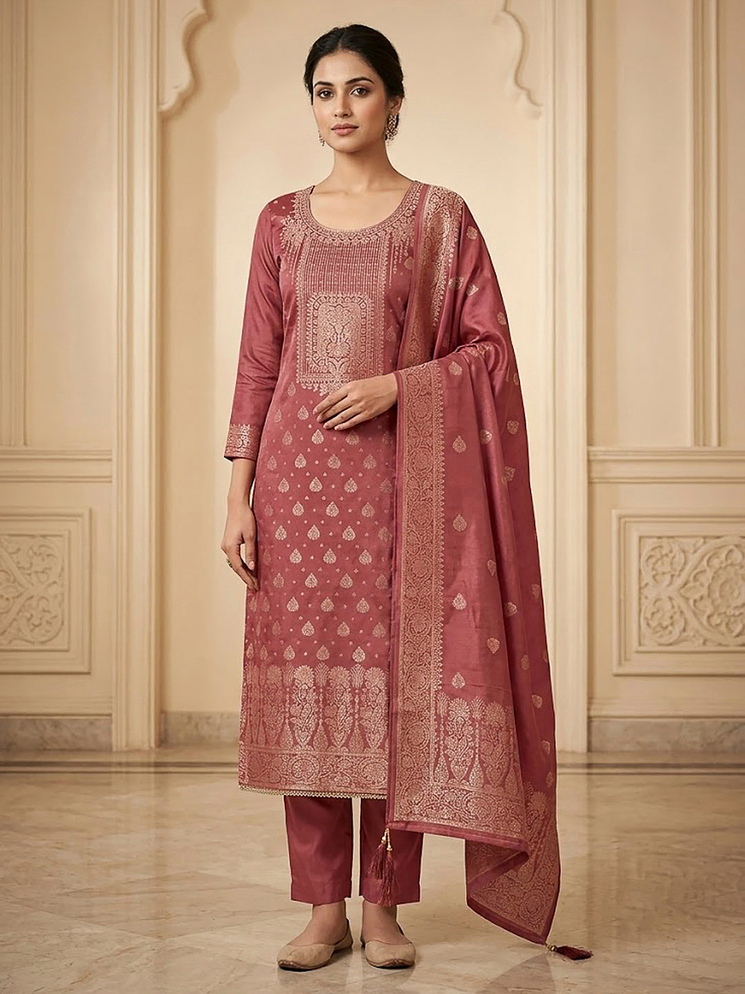 Onion Pink Chanderi Woven Design Unstitched Dress Material
